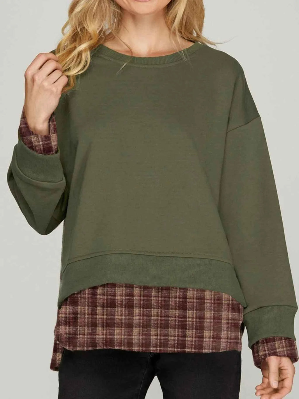 Plaid Patchwork Drop Shoulder Sweatshirt Dark Green 833cf757-4ab2-4507-ae8e-f3e5c22bff4e-Max-Origin