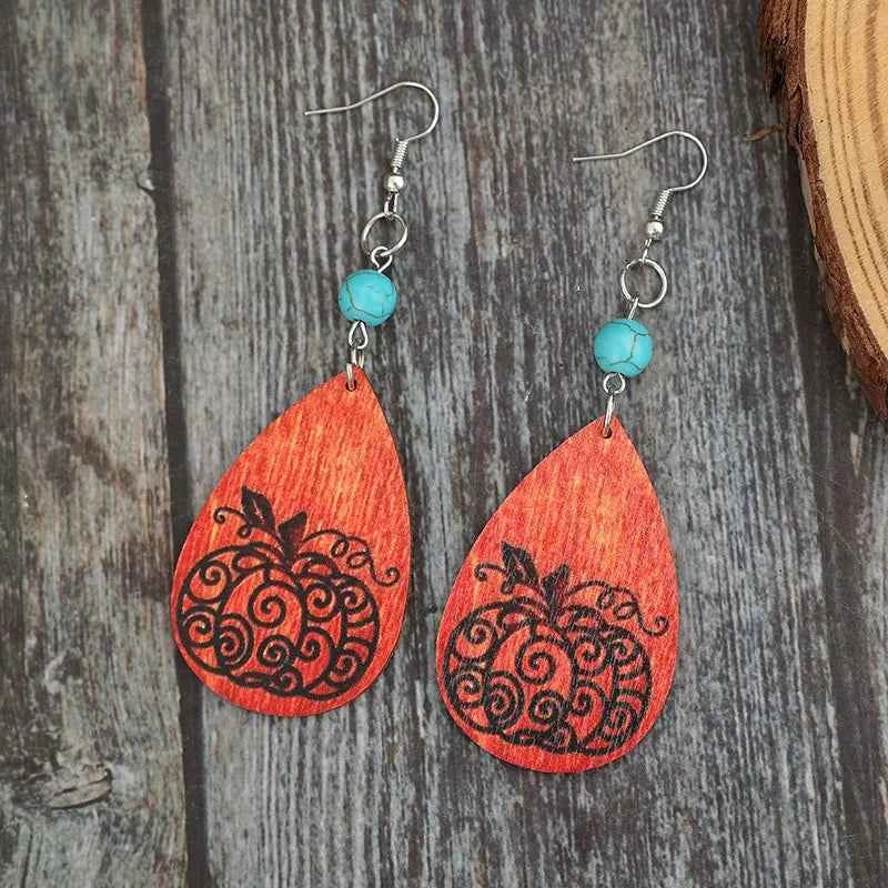 Turquoise Wooden Pumpkin Teardrop Earrings 8342b800-13a3-4b78-a3b5-05c773a885f0-Max