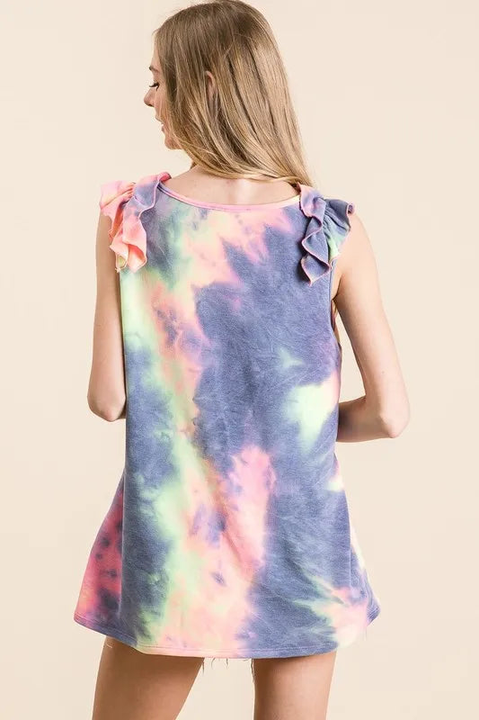 BiBi Tie Dye French Terry V Neck Top with Ruffle 8357083bc4144054ba716ad91662cb61-Max-Origin