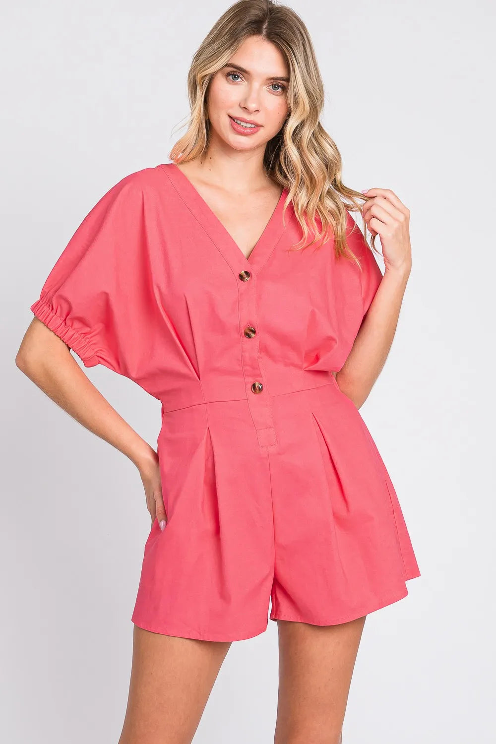 GeeGee Half Button V-Neck Linen Romper Pink 838ad546-0ff4-4125-8330-6109144b055b-Max