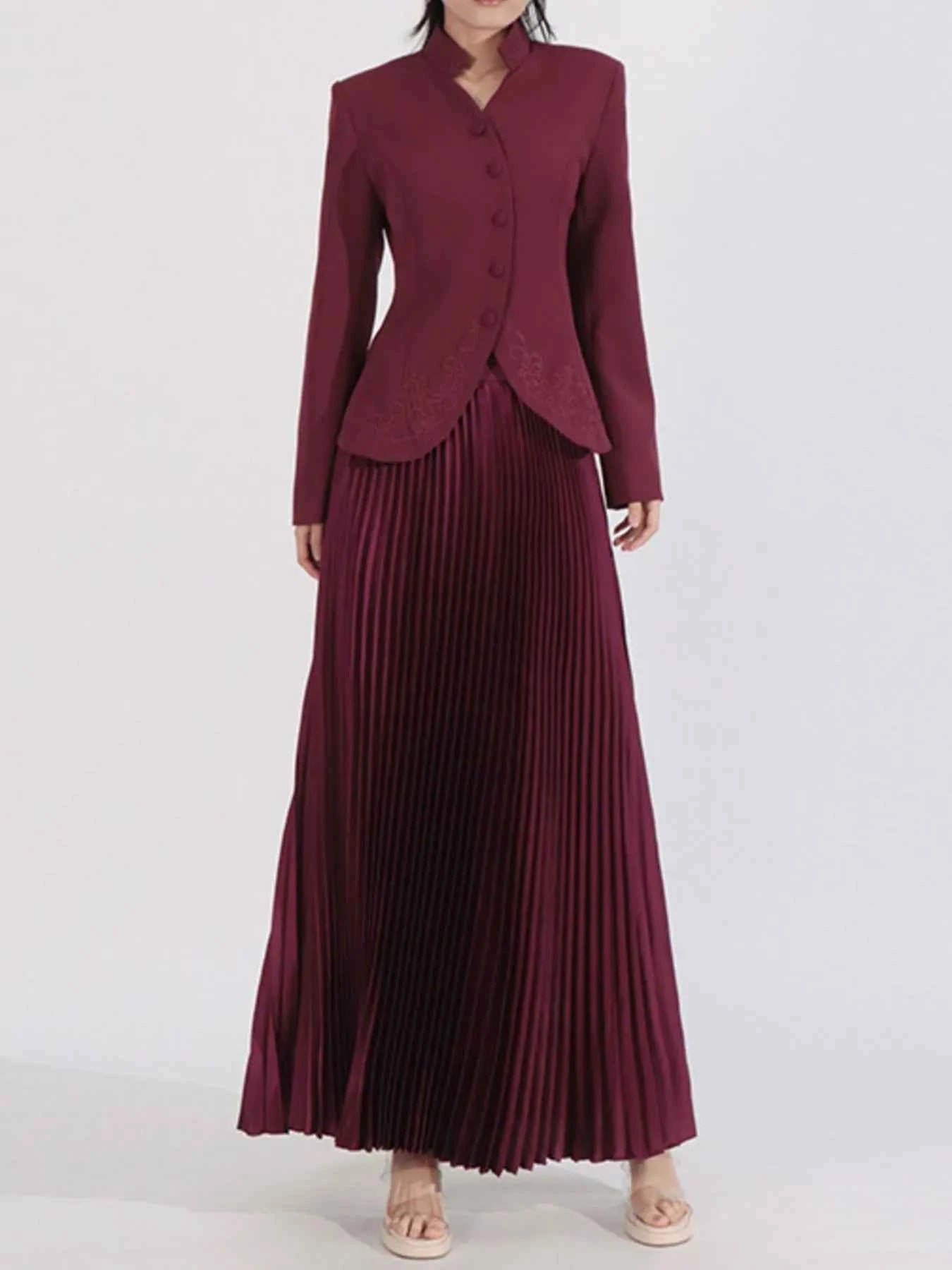 Button Up Long Sleeve Top and Pleated Skirt Set Angora Red 838e2bef-f3df-48aa-b237-52aa9236107e-Max-Origin
