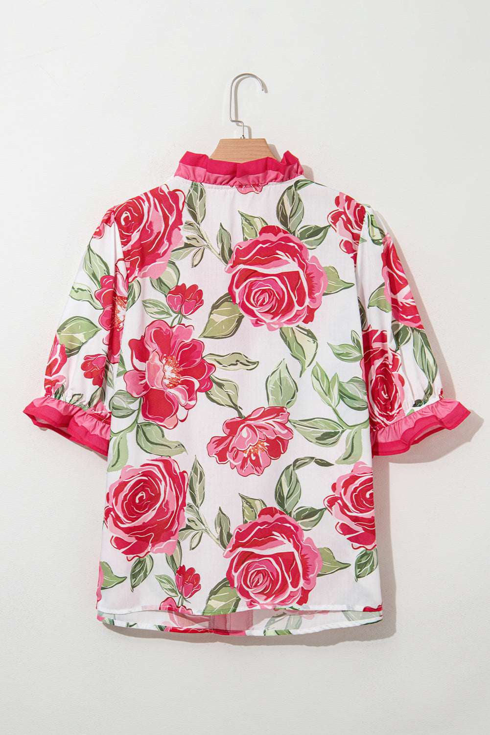 Rose Plus Size Floral Print Frill Neck Short Sleeve Blouse 83900e90a95387f9-_3