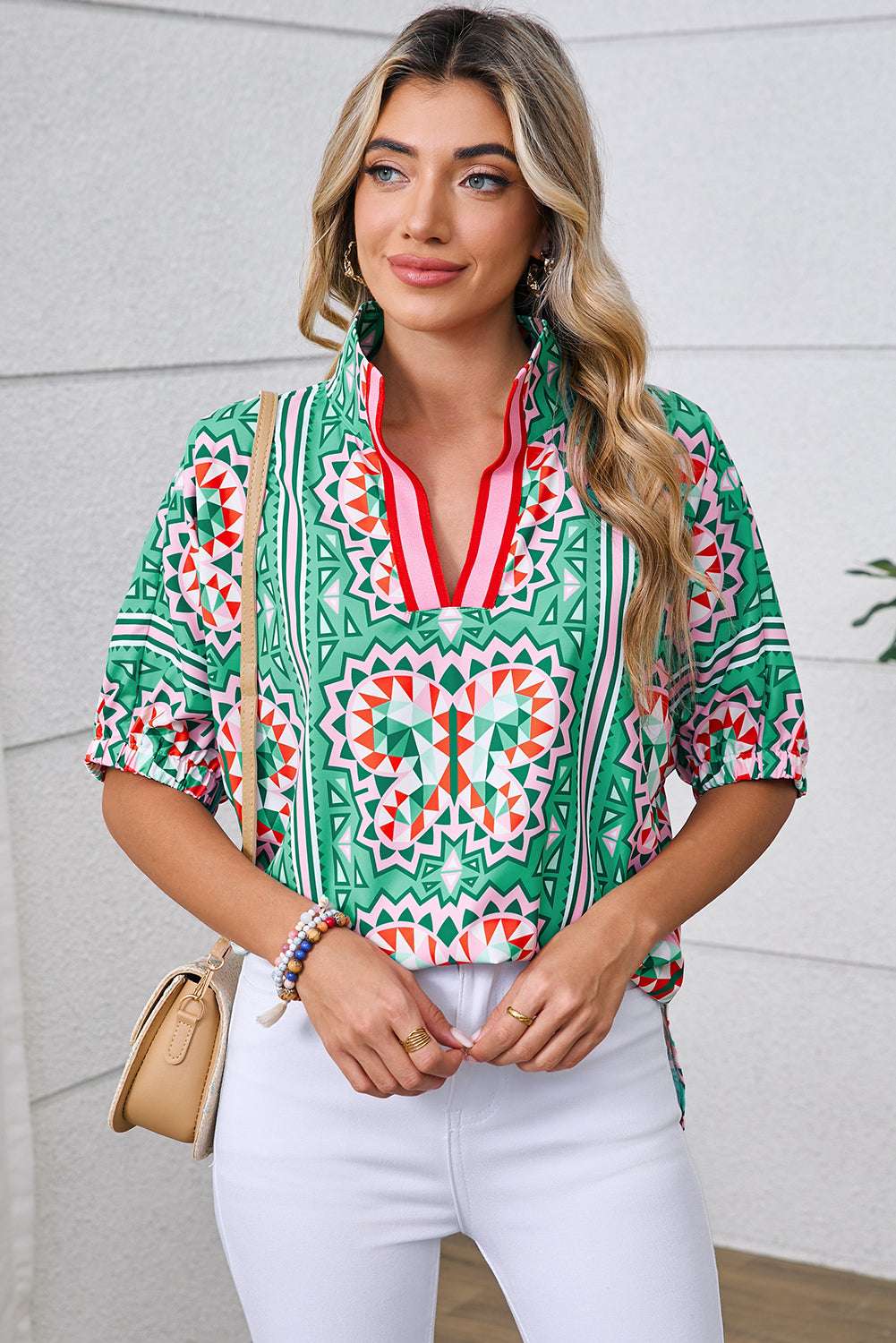 Sea Green Boho Geometric Print Pop of Color Neckline Blouse 8399986204db698e-_5