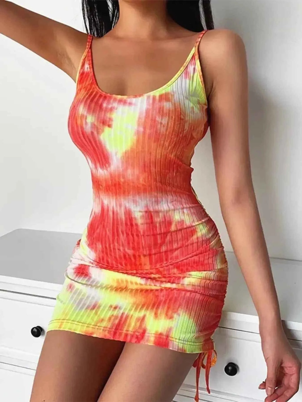 Tie-Dye Ribbed Mini Dress with Side Drawstring Coral 839ce99f803247d0ab261460ced147bf-Max-Origin