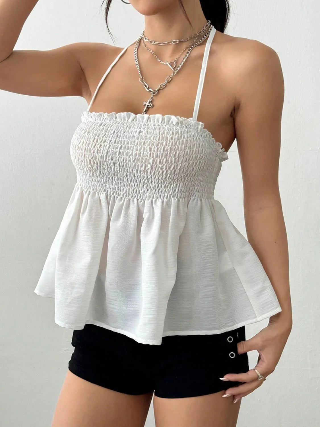 Smocked Frill Halter Neck Cami White 83a38a9a-45b9-42e0-a7ea-55aad0750899-Max-Origin