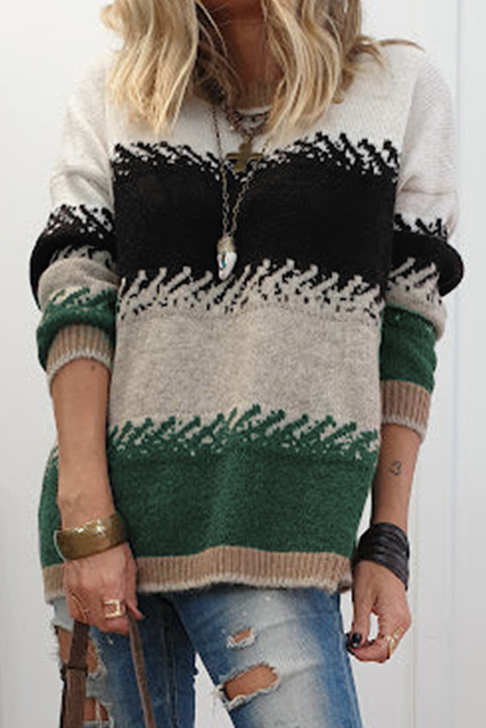 Black Stylish Color Block Pattern Drop Shoulder Sweater 83b799130e8e5a7b