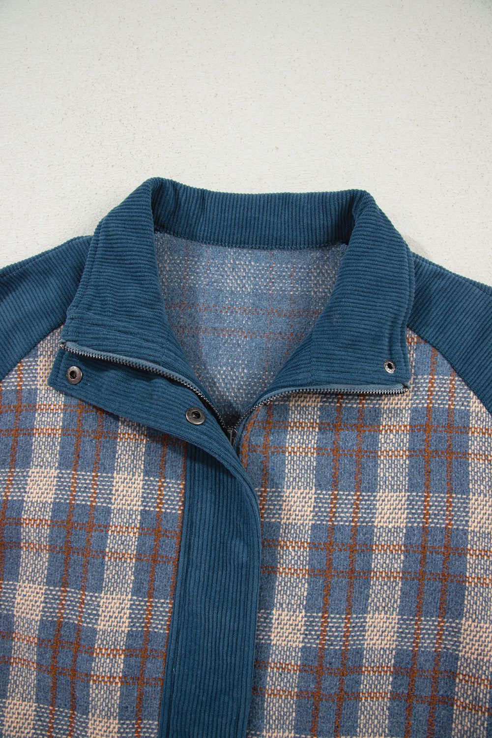 Gray Plaid Corduroy Patchwork Collared Zip Up Snap Button Jacket 83c48a9502a9b586