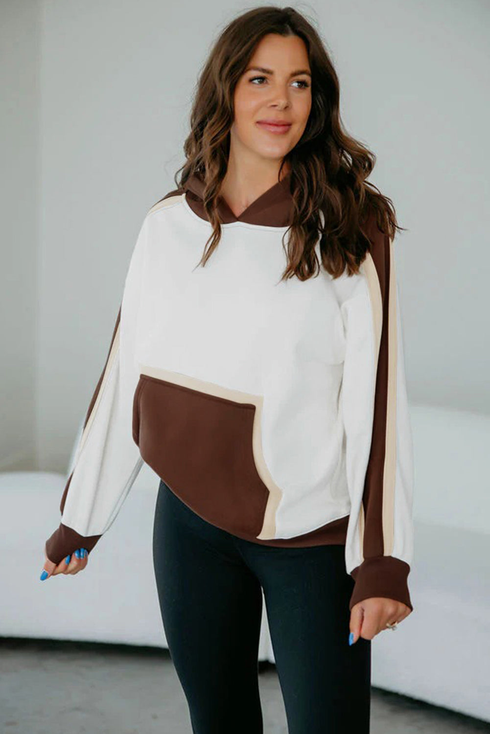 Coffee Colorblock Kangaroo Pocket Long Sleeve Hoodie 83d0fbbc56a136e2