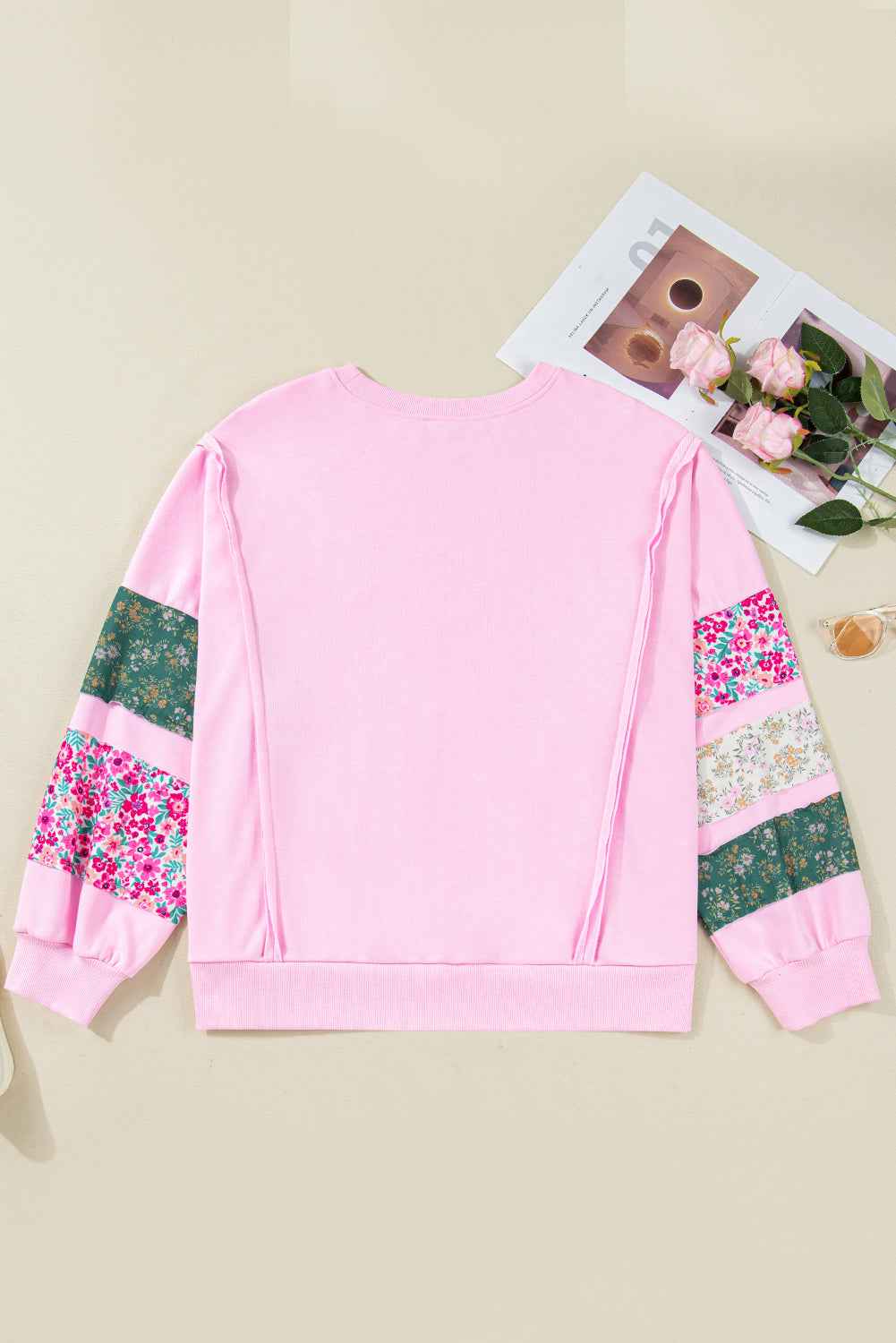 Pink Plus Size Mix Floral Patched Sleeve Ribbed Trim Baggy Sweatshirt 83d4555a8ea80c9f