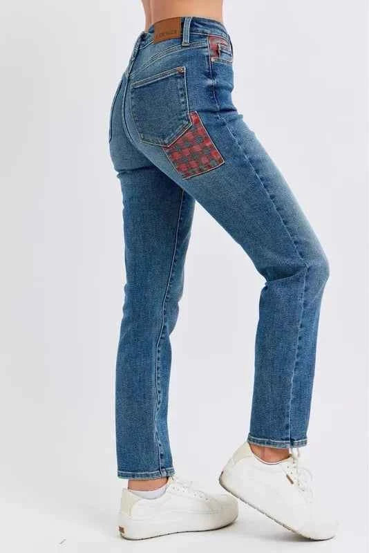 Judy Blue Full Size HW Plaid Patch Slim Fit Jeans Plus Size 83e1d5af4db644f3856637f27e15ceed-Max-Origin