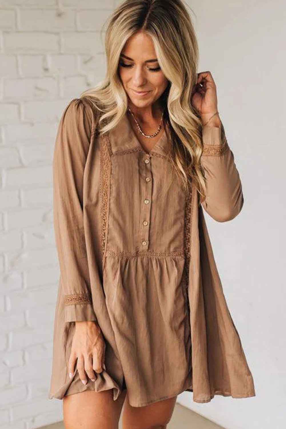 Straw Yellow Lace Trim Peter Pan Collar Long Sleeve Mini Shirt Dress 83ea92302f5090d0