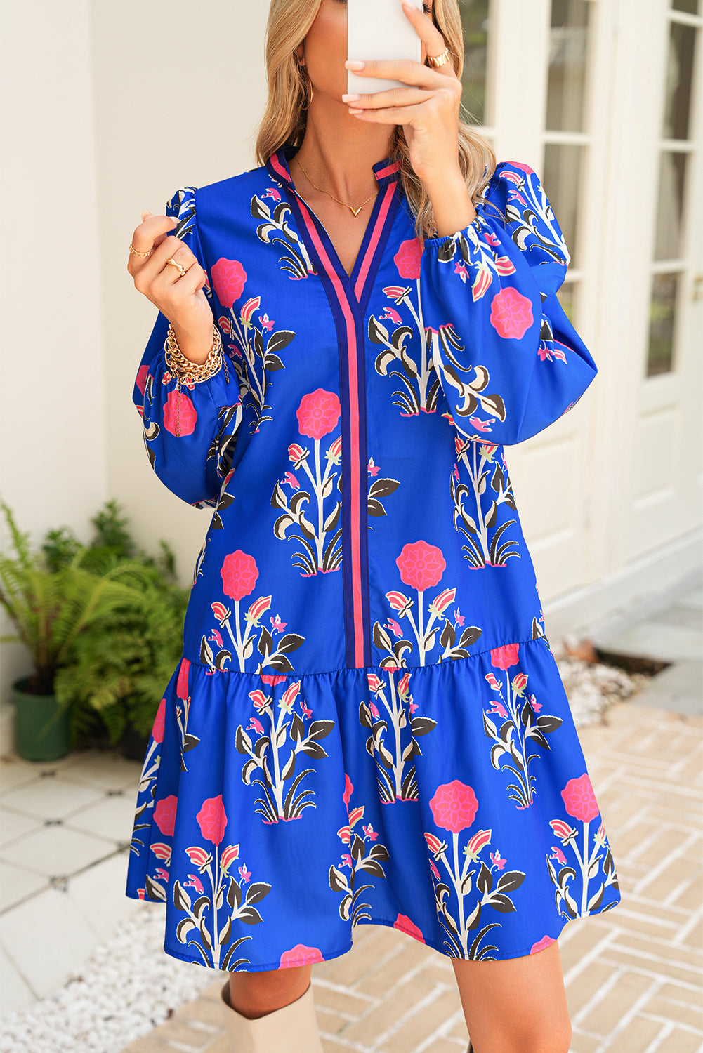 Sky Blue Floral Print Pop of Color V Neck Mini Dress Sky Blue 100%Polyester 83fc7c229610ea37