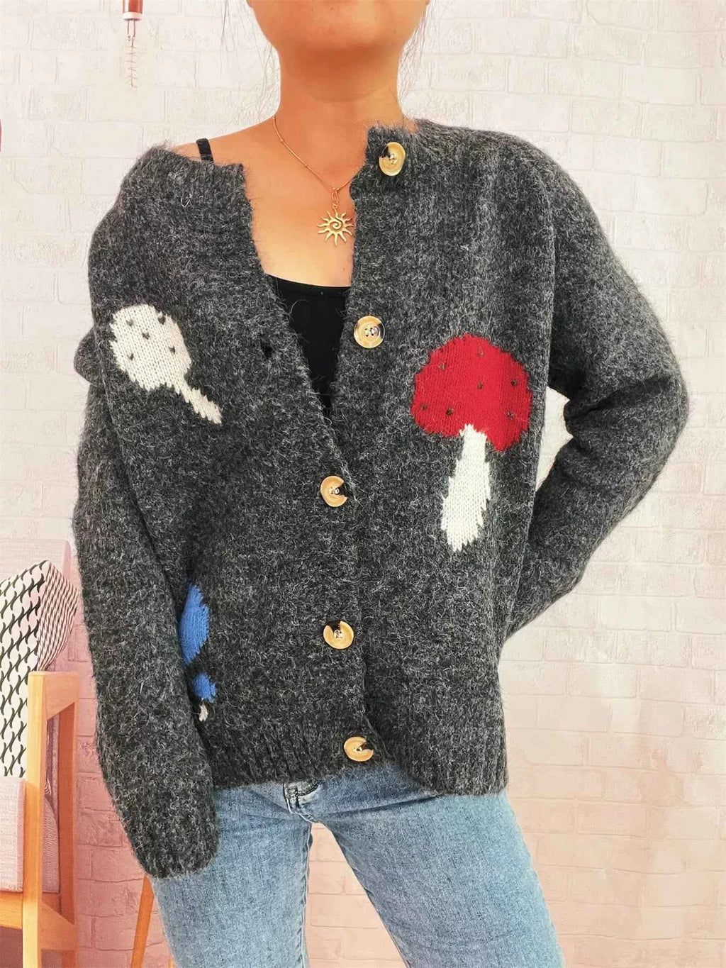 Mushroom Pattern Button-Up Cozy Knit Cardigan 84019cc5df3547979f4b1a7bc0a63466-Max-Origin