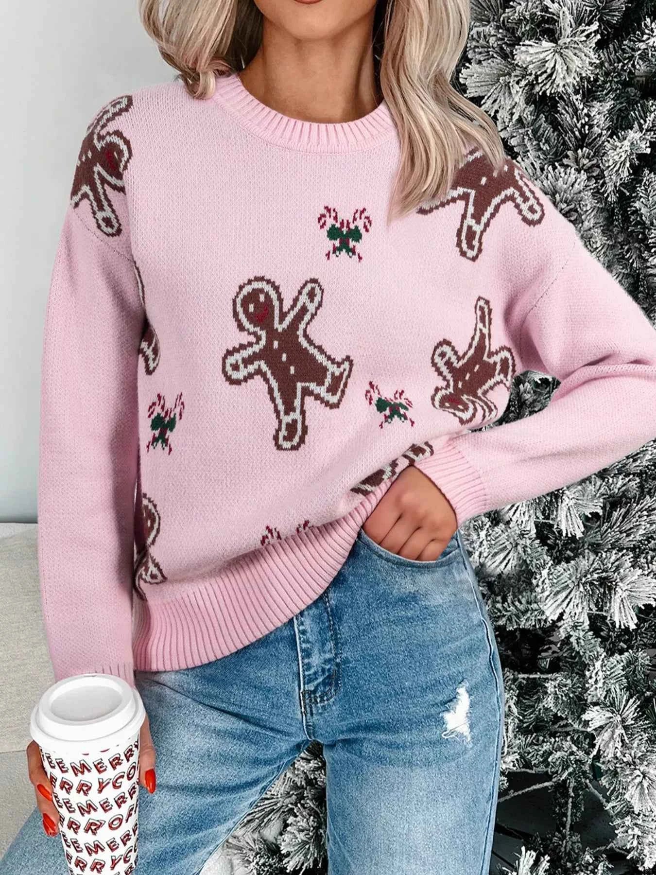 Christmas Ginger Bread Man Round Neck Casual Sweater Blush Pink 843bf7d5-2629-4656-b4d3-0ee755873f8d-Max-Origin