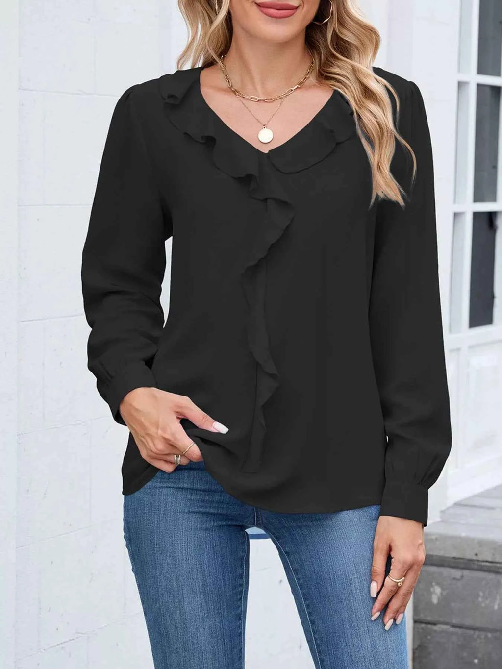 Ruffled V-Neck Long Sleeve Blouse 84458cc4-2360-40dd-a701-e7f6fdfee7c1-Max-Origin