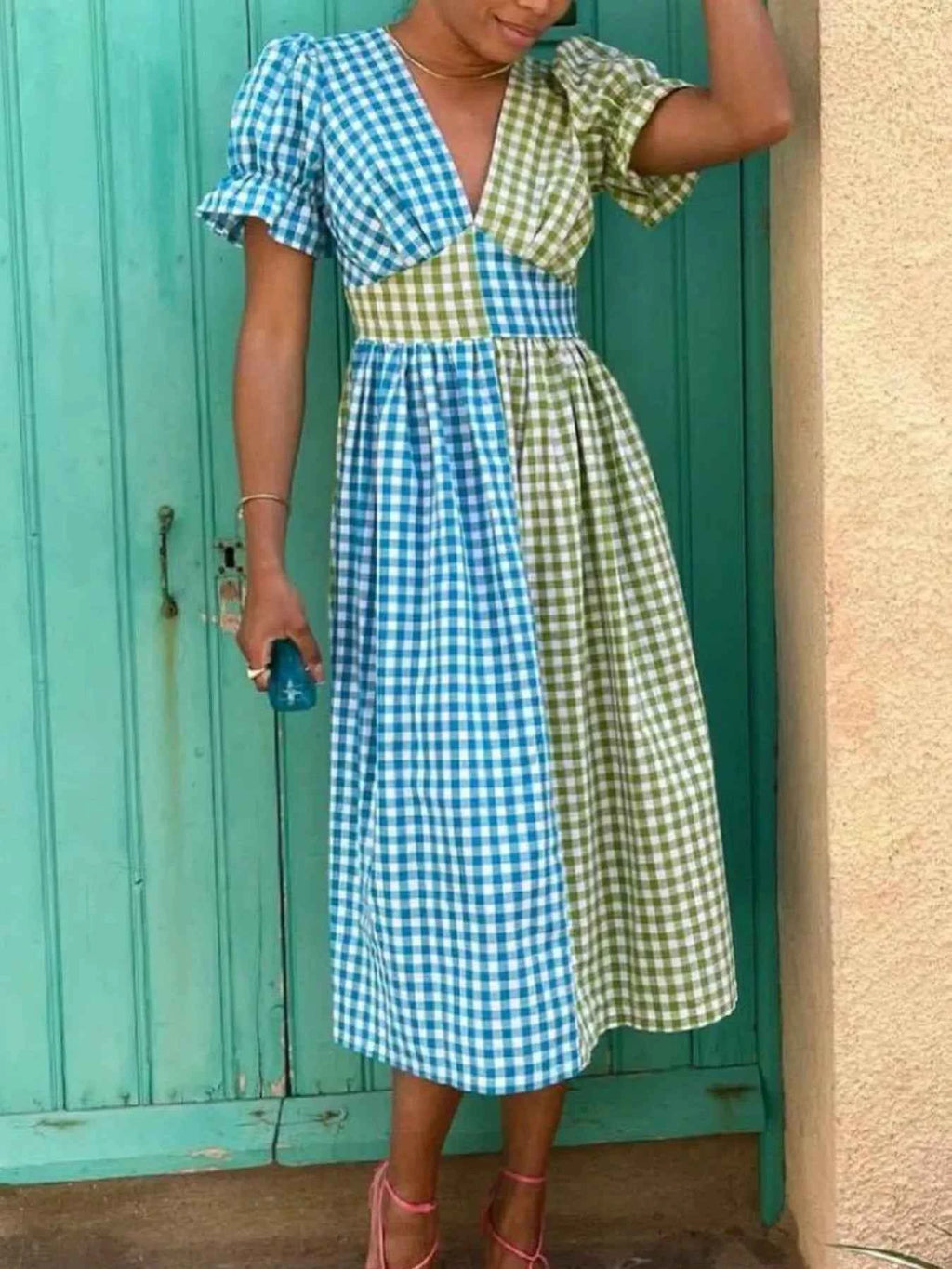 Plaid V-Neck Puff Sleeve Dress 845f9d89-3c56-433b-b6c0-4f283023b97a-Max-Origin