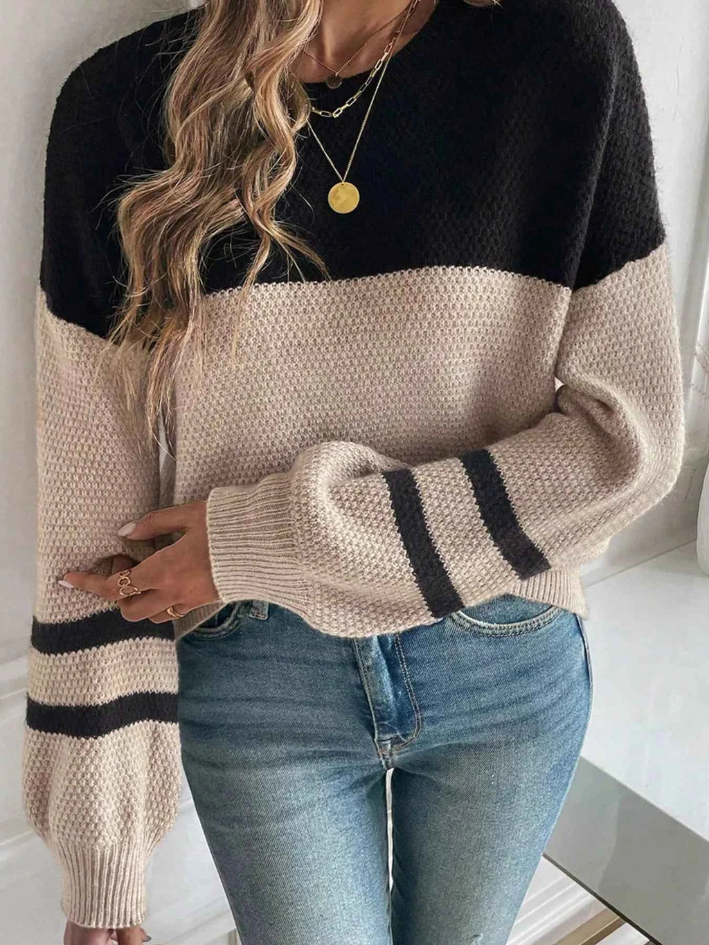 Color Block Knit Striped Sleeve Detail Casual Sweater 846b7aee47a84bf39987de27eea2d8b1-Max-Origin