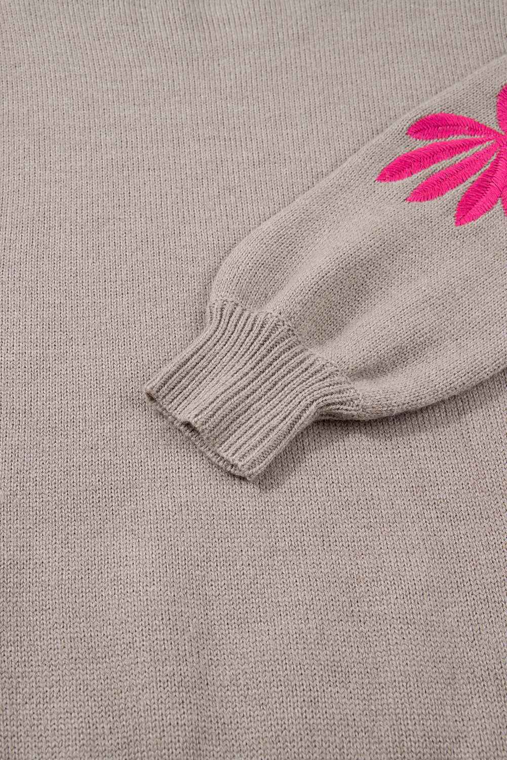 Beige Embroidered Floral Sleeve Round Neck Loose Sweater 848cecdd675598ec