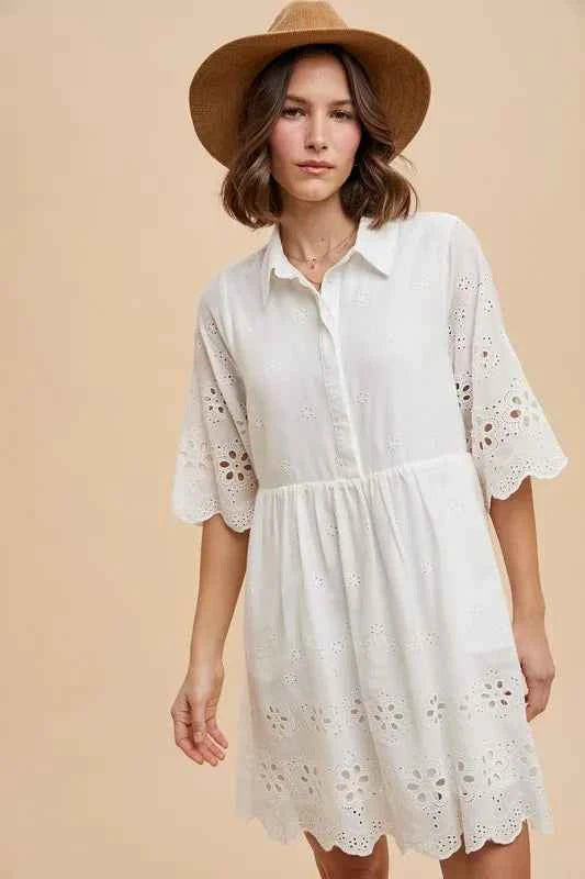 Annie Wear Embroidered Scallop Edge Detail Mini Shirt Dress IVORY 84a7acf01db6466fba068d6c976bf6ef-Max-Origin