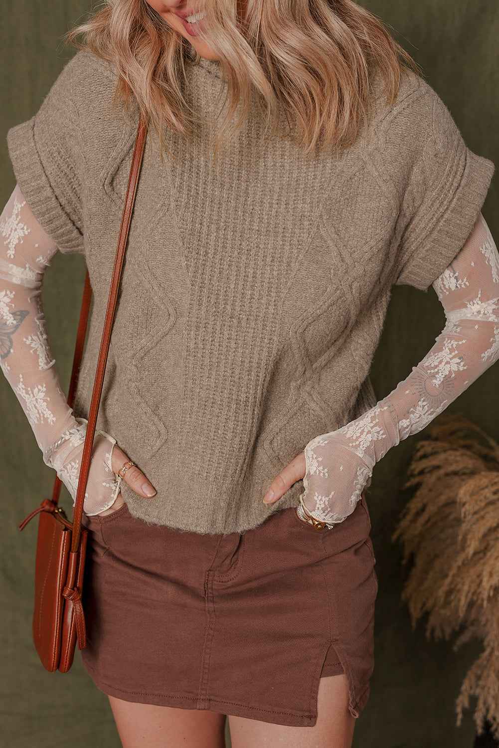 Smoke Gray Textured Knit Mock Neck Short Sleeve Sweater 84ad243583b03c21