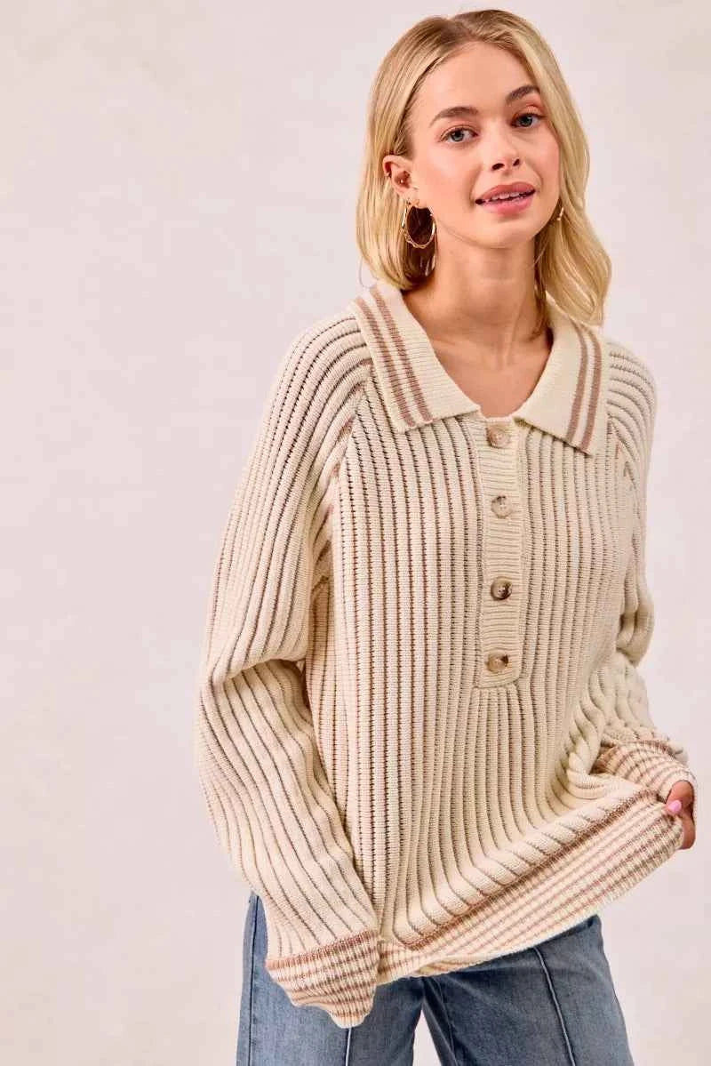 BiBi Half Button Ribbed Two Tone Sweater 84ada18169d747208c30dbd48ad818c1-Max-Origin