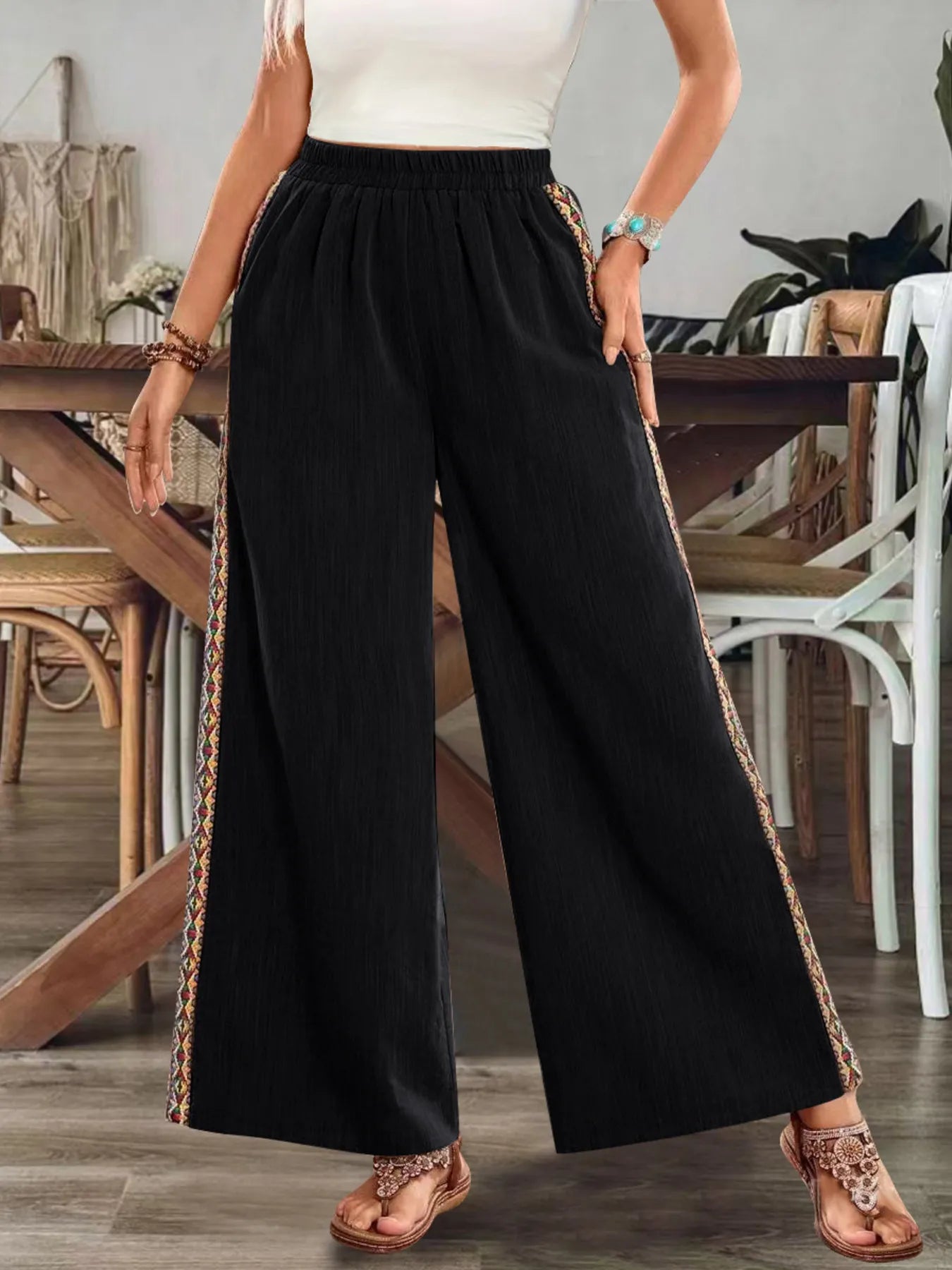 Bohemian Wide Leg Embroidered Side Stripe Pants Black 84b246dd63f3414ba0e059177040513a-Max-Origin