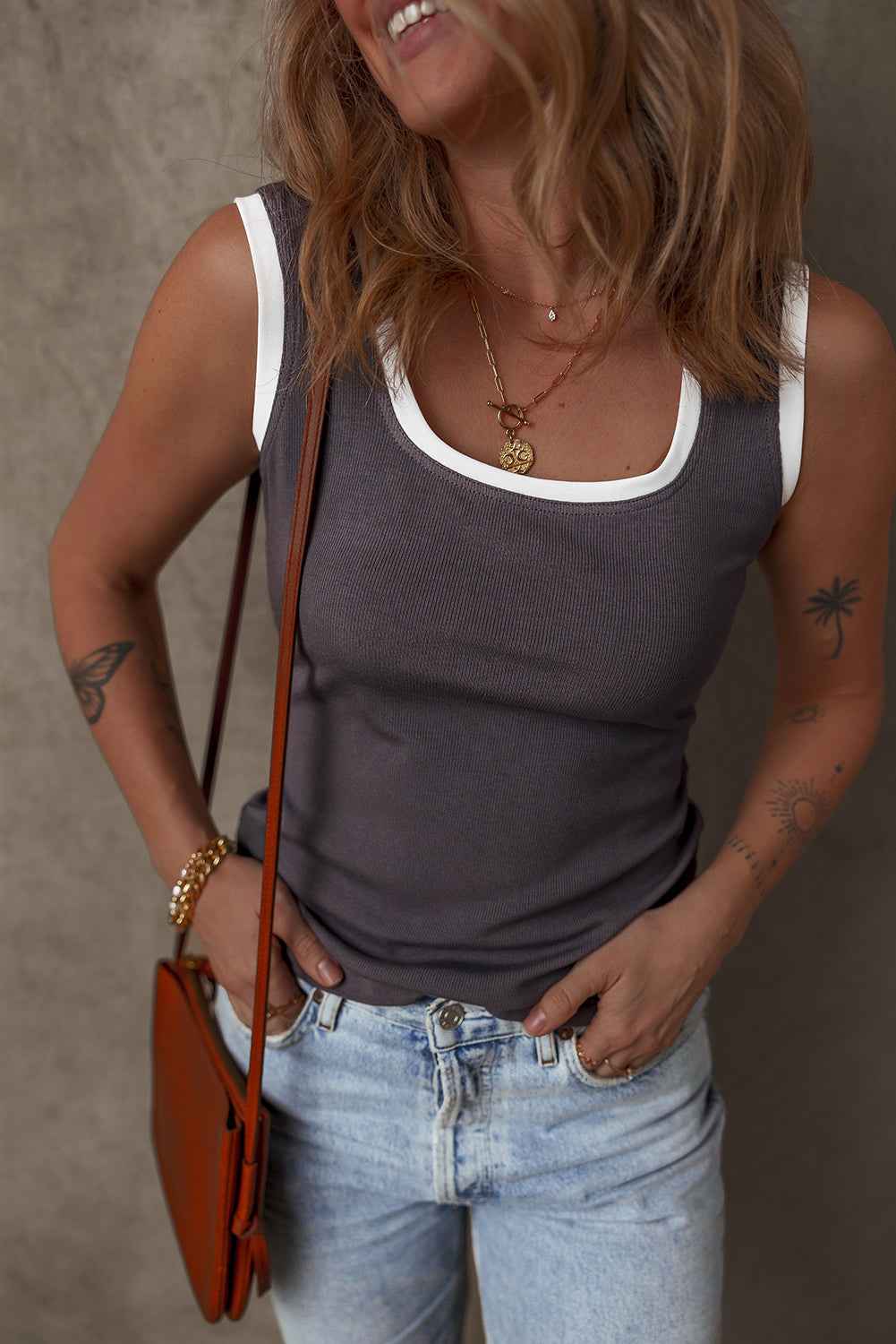 Smoke Gray Ribbed Knit Contrast Edge U Neck Slim Fit Tank Top 84b53fc296423e7c