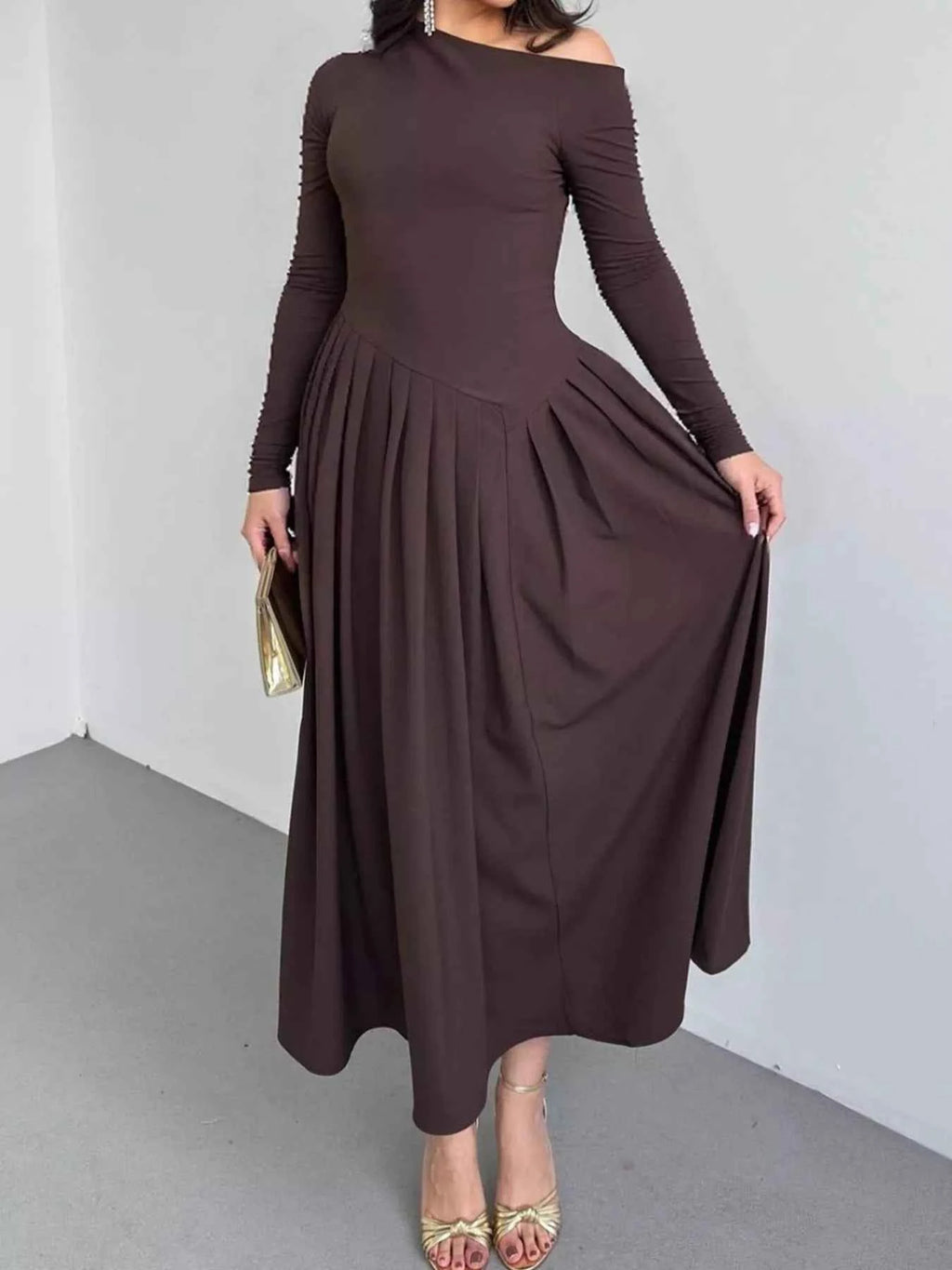 Ruched One Shoulder Long Sleeve Dress Brown 84e283d4733147568d390d56dafaf327-Max-Origin