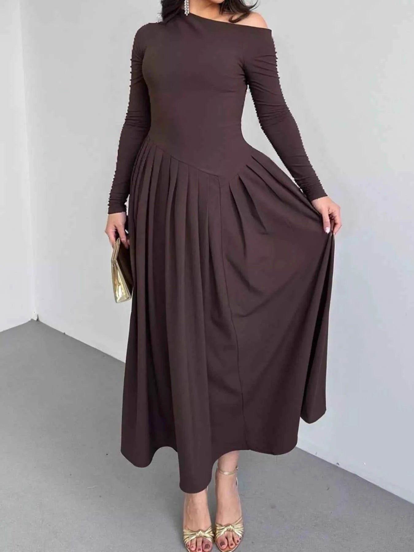 Ruched One Shoulder Long Sleeve Dress Brown 84e283d4733147568d390d56dafaf327-Max-Origin