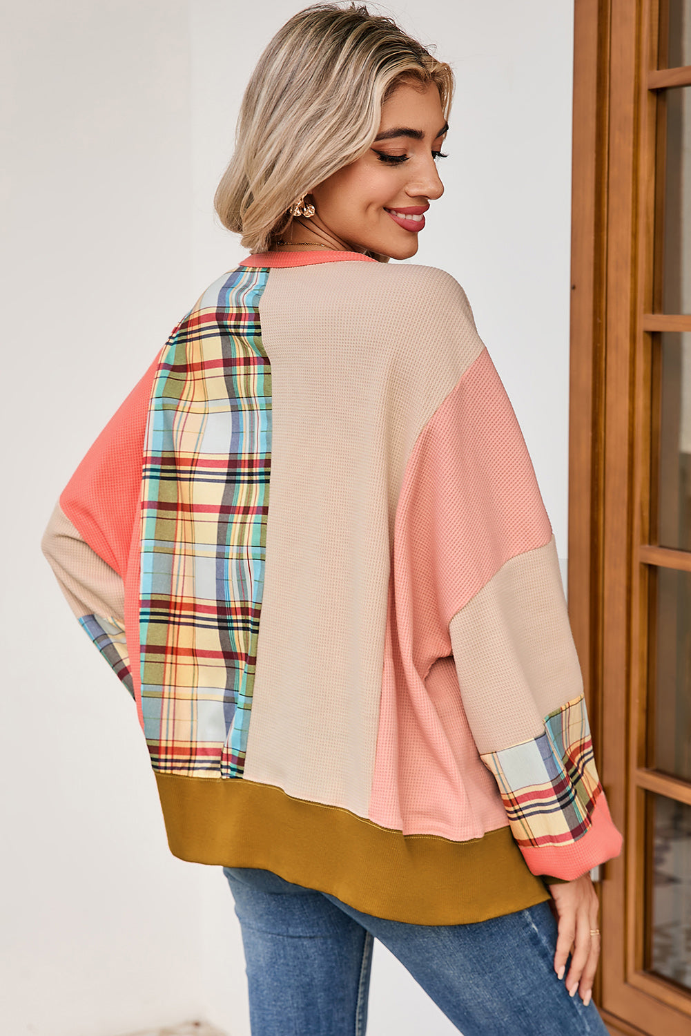 Multicolor Plaid Flower Patchwork Waffle Drop Shoulder Loose Top 84e5cf7ffd21b857
