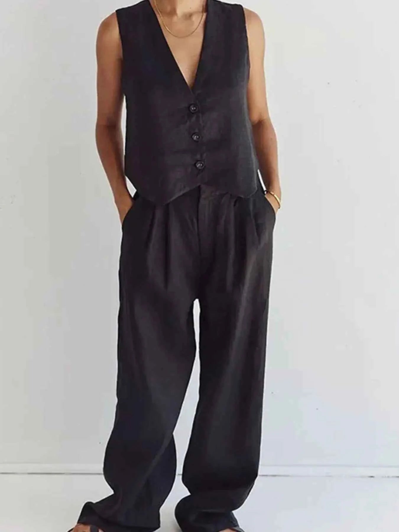 Full Size V-Neck Vest and Wide Leg Pants Set Plus Size Black 84eb6842-a11c-4258-89a0-3b7cc1ba5210-Max-Origin
