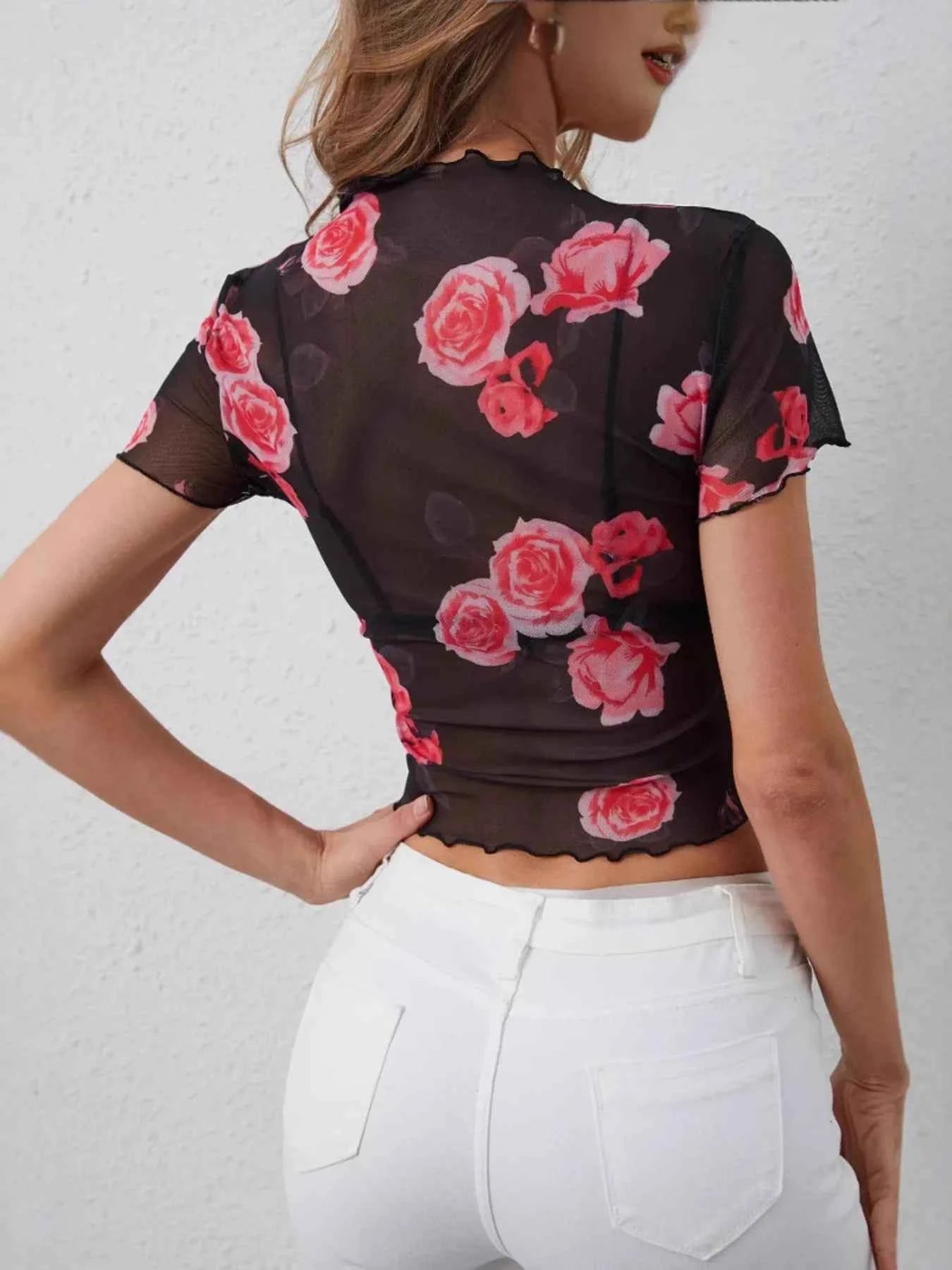 Mesh Rose Print Fitted T-Shirt 84fe4b7b8f9f46a588bd6bfa4adee637-Max-Origin
