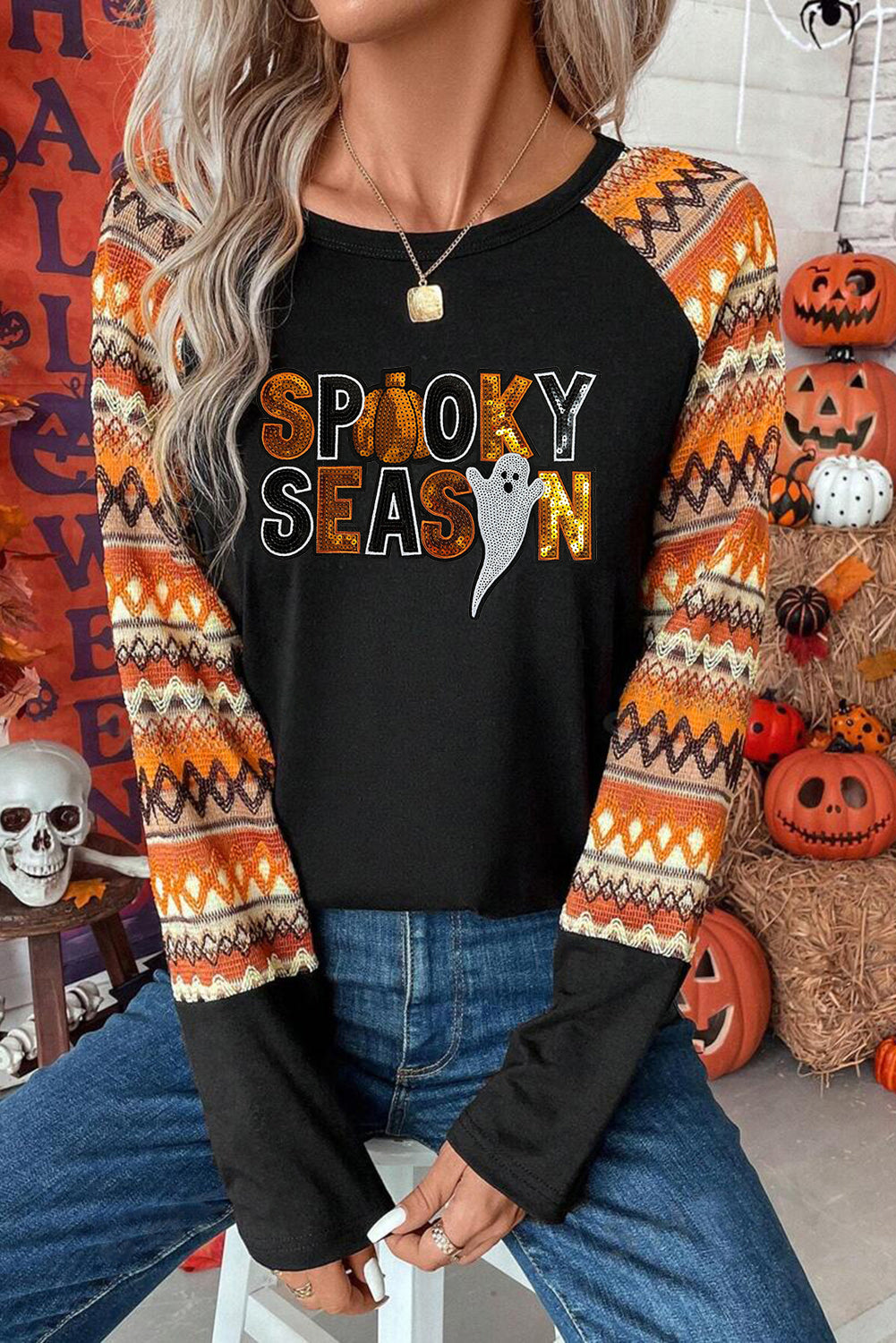 Orange SPOOKY SEASON Sequins Patch Contrast Long Sleeve Top 84fe888902a95055