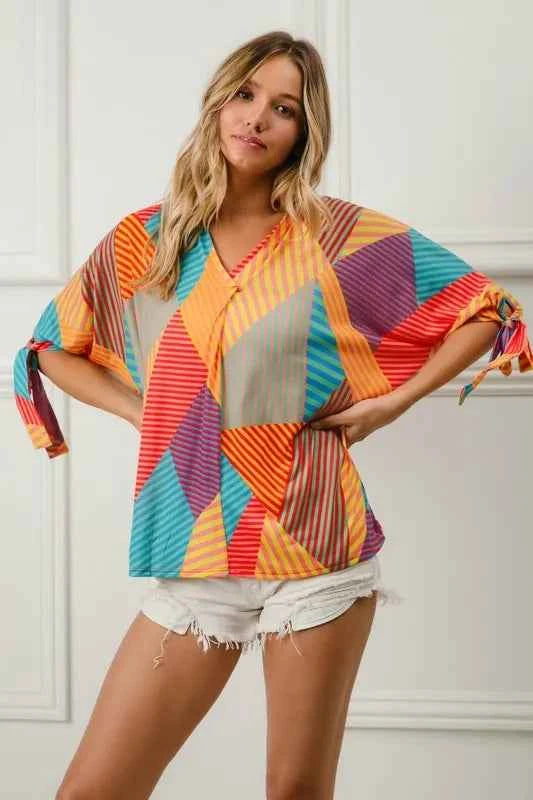 BiBi Multi Stripe Block Printed Jersey Blouse with Tied Sleeves 8501a7e3-034f-4a4f-a536-88ce795445da-Max-Origin