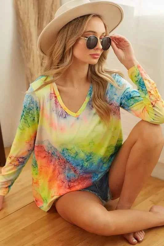 BiBi Tie Dye Long Sleeve V-Neck T-Shirt LIME MULTI 850fcc3d9b724406bcf3d54e3a6cc5f7-Max-Origin