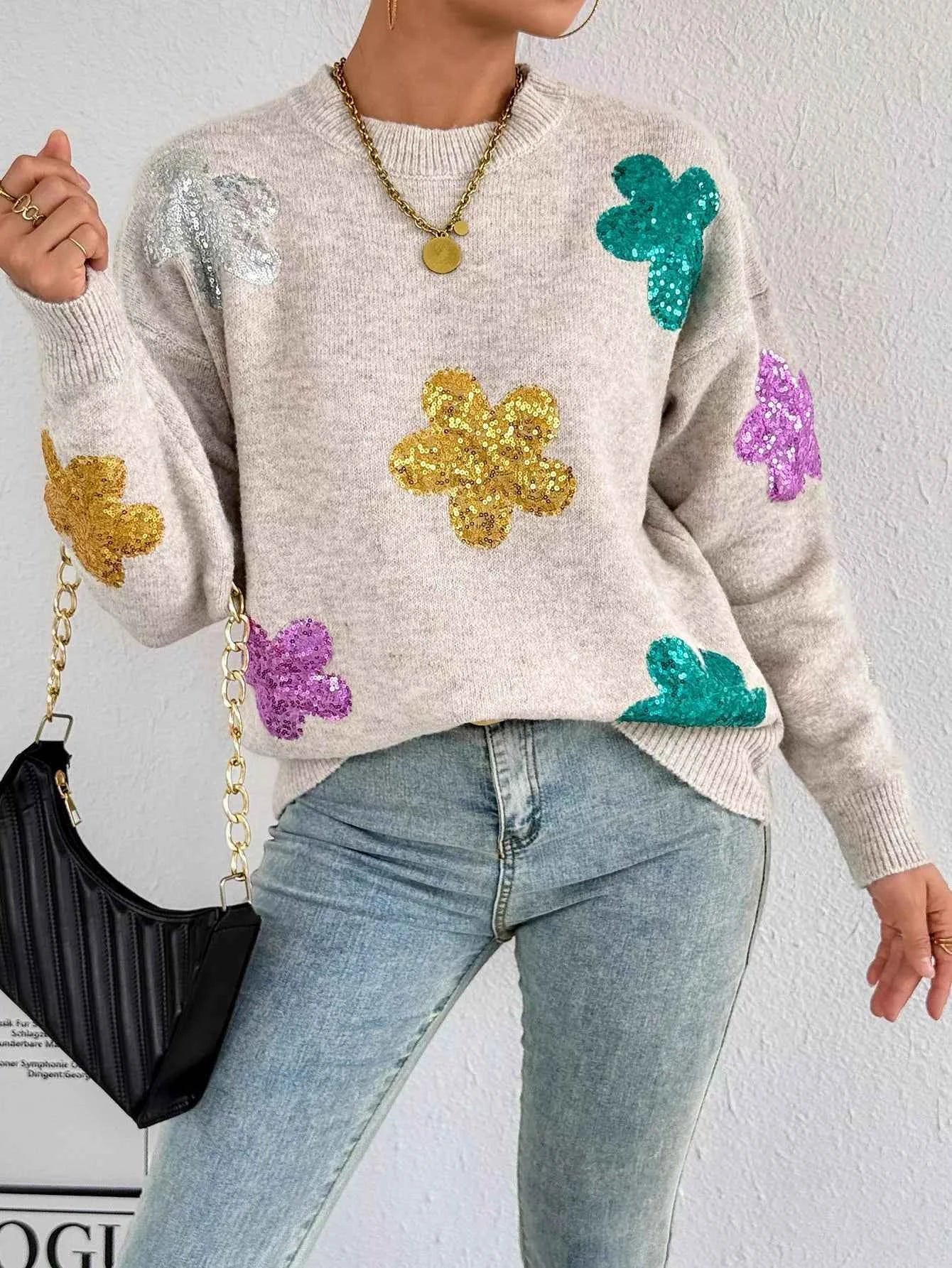 Sequined Floral Round Neck Sweater 8511cb44-0149-4f32-83ce-7a2d68474fb4-Max-Origin