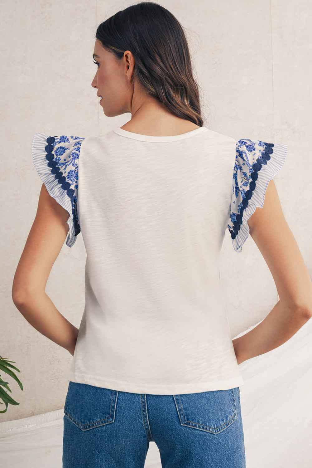 Blue Floral Striped Patchwork Flutter Sleeve Blouse 851850aa55e3ddfb