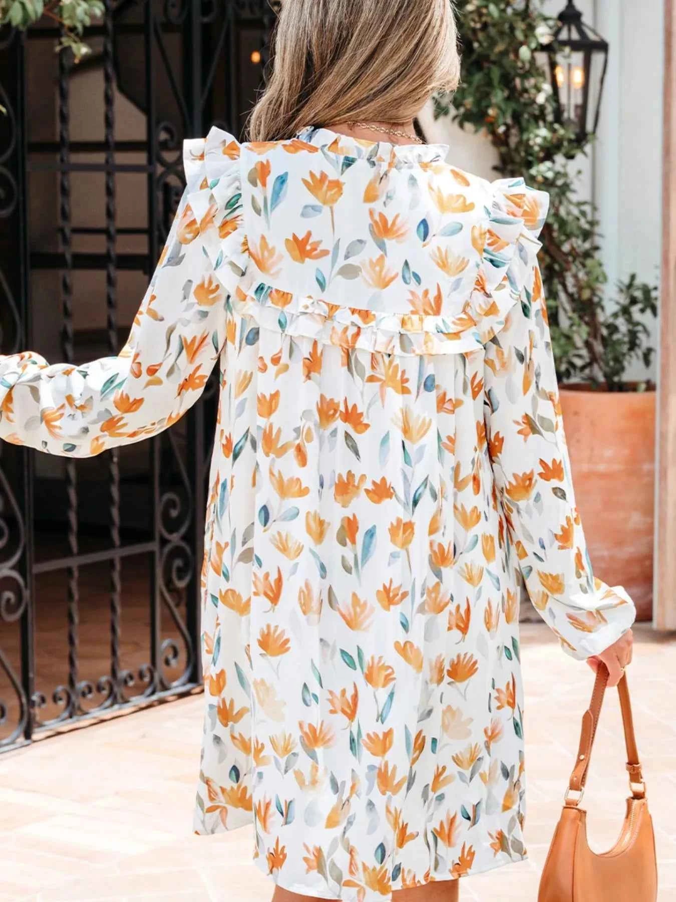 Floral Print Tie Neck Frilled Detail Long Sleeve Mini Dress 85234cbf-de5f-4de5-8145-e6363a825841-Max-Origin