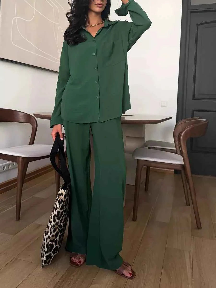 Button Up Long Sleeve Shirt and Pants Set Dark Green 85276b9b-4e3e-40a0-aa46-7fe9a57d7727-Max-Origin