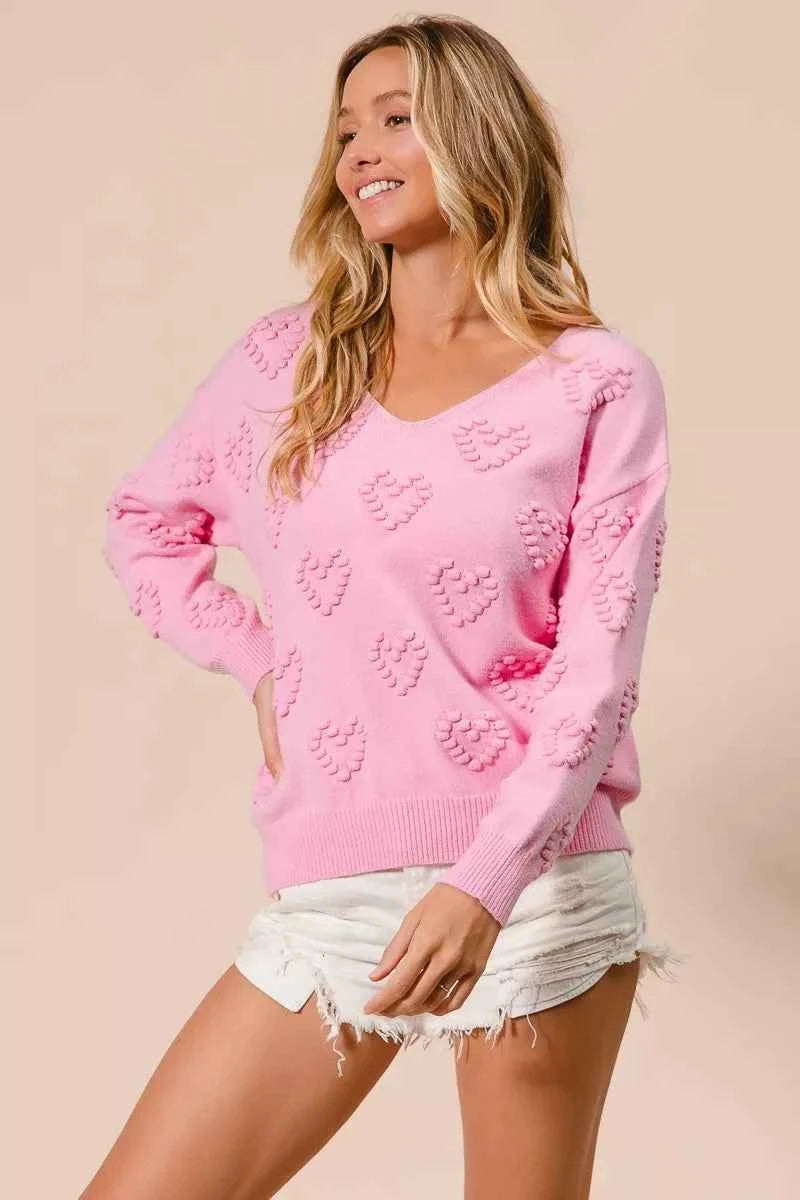 BiBi Valentines Heart Pompom V Neck Knit Top 8549c93227cd47b4a9dd47a7e982c682-Max-Origin
