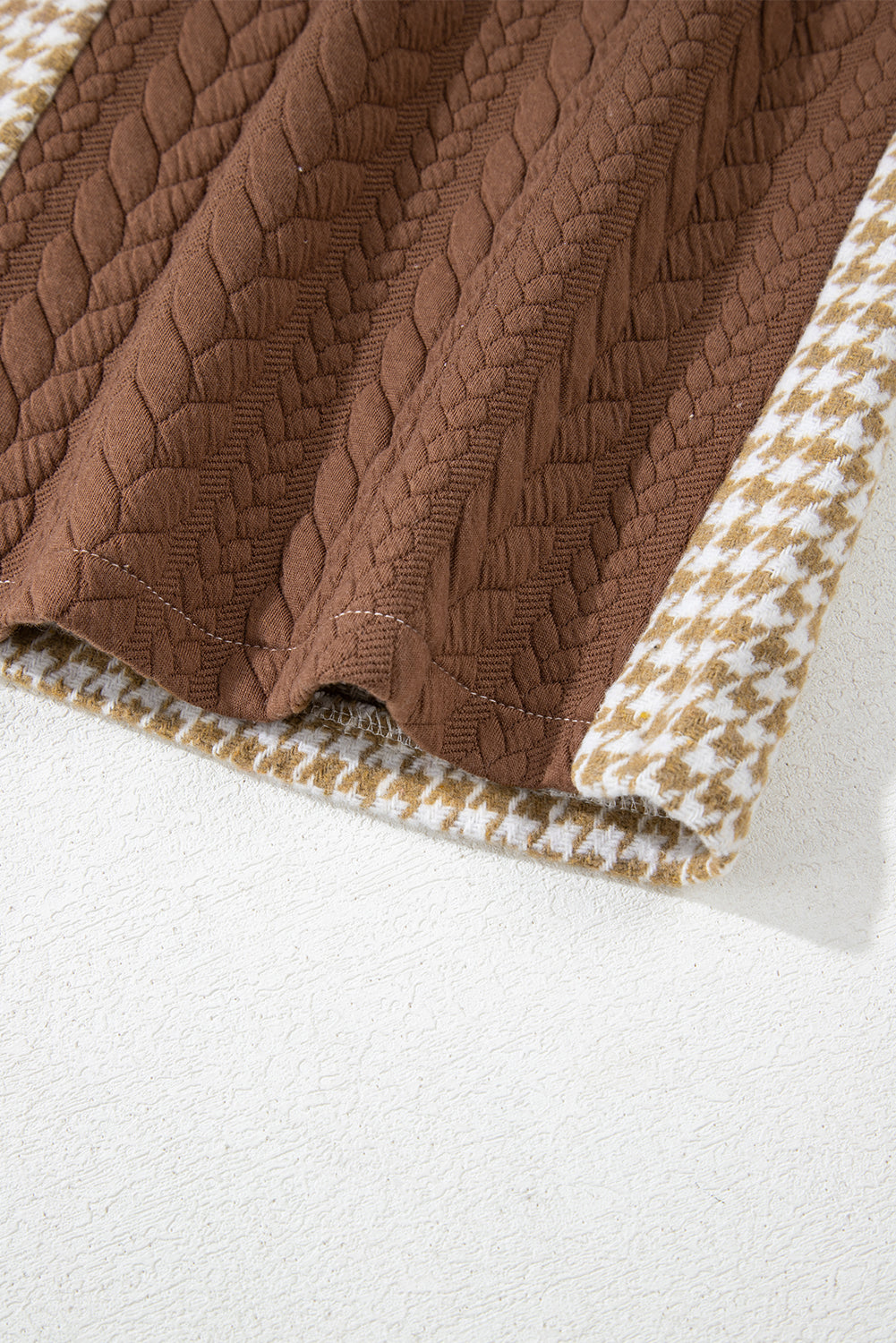 Khaki Houndstooth Textured Patchwork Loose Shacket 854a30347fe4f980