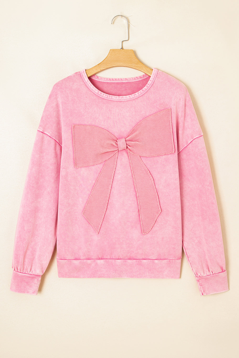 Bright Pink Mineral Wash Waffle Bow Patched Pullover Sweatshirt 856794b3af8dc938