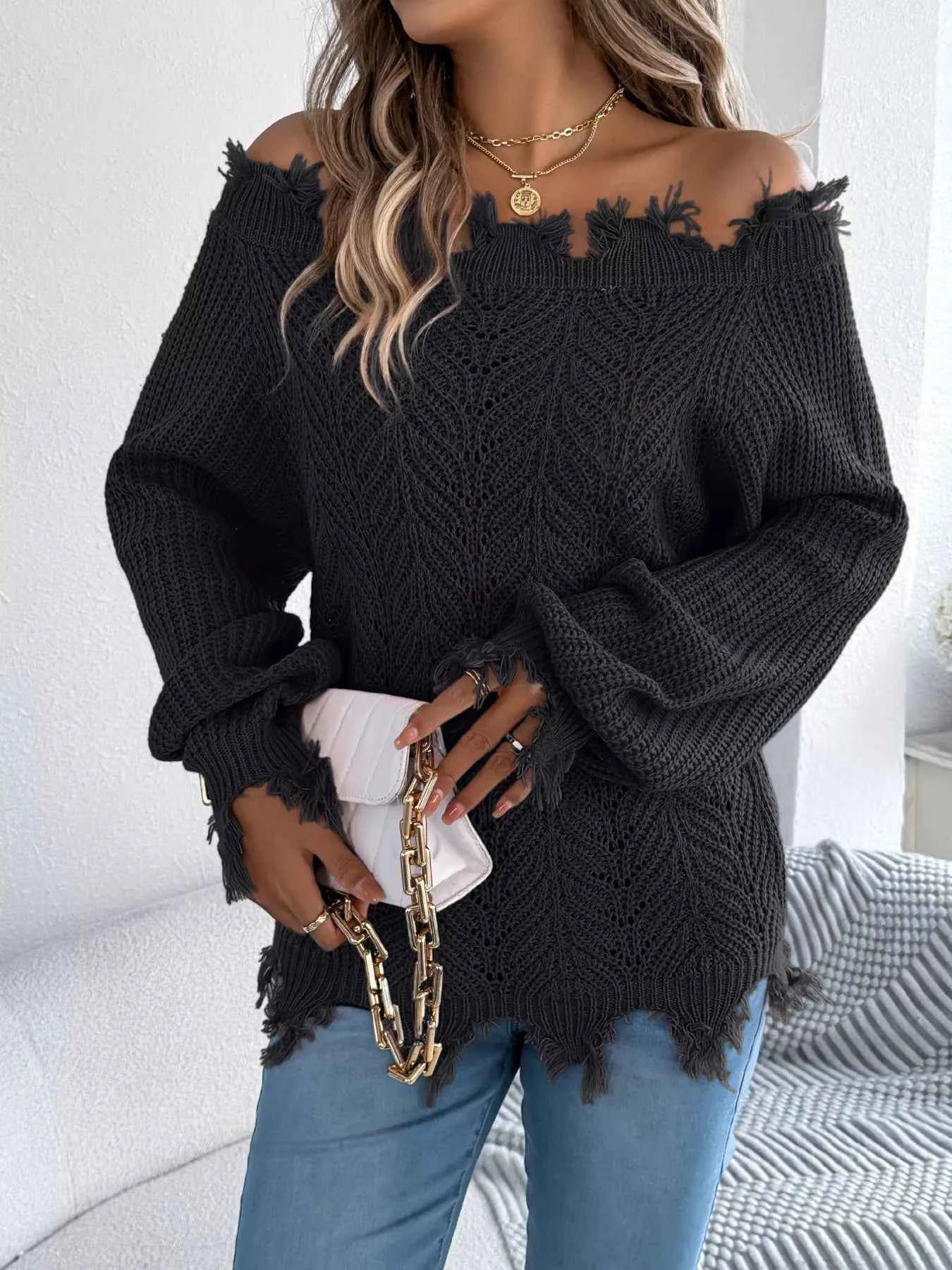 Distressed Hem Openwork Off-Shoulder Sweater 857a5a29c07141a287650050d811052d-Max-Origin