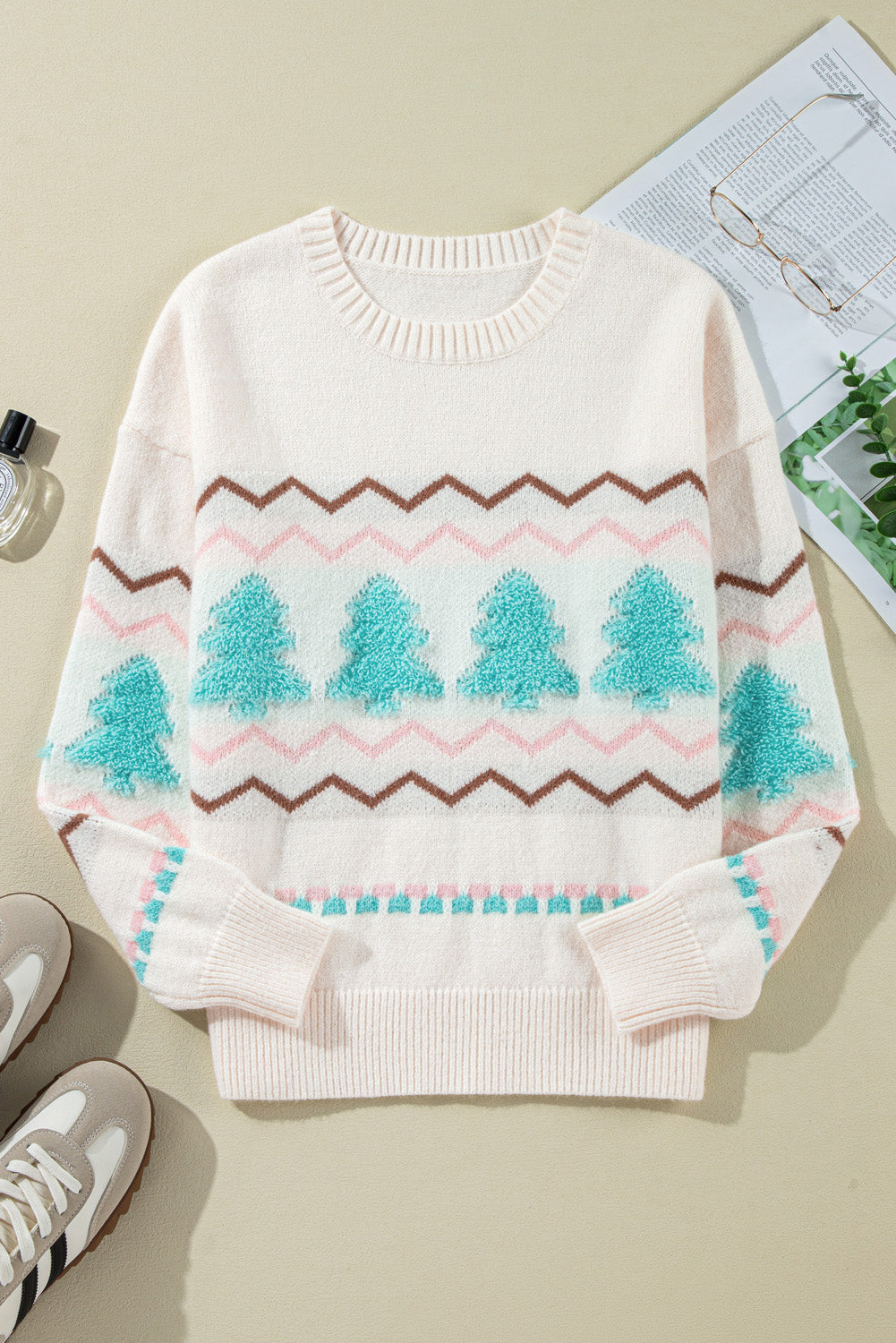 White Christmas Tree Wavy Striped Drop Sleeve Sweater 85824822c1466d67