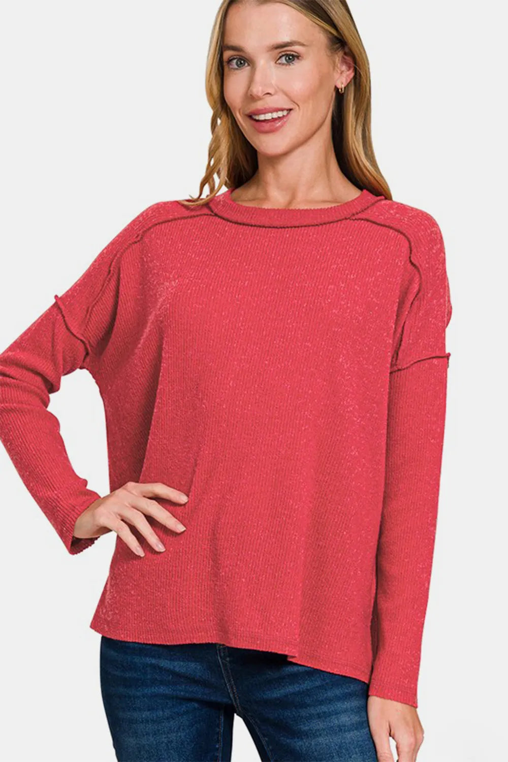 Zenana Full Size Exposed Seam Brushed Round Neck Sweater Red 85a204bf-66ba-401d-bbd8-2c7cc52d3e62-Max