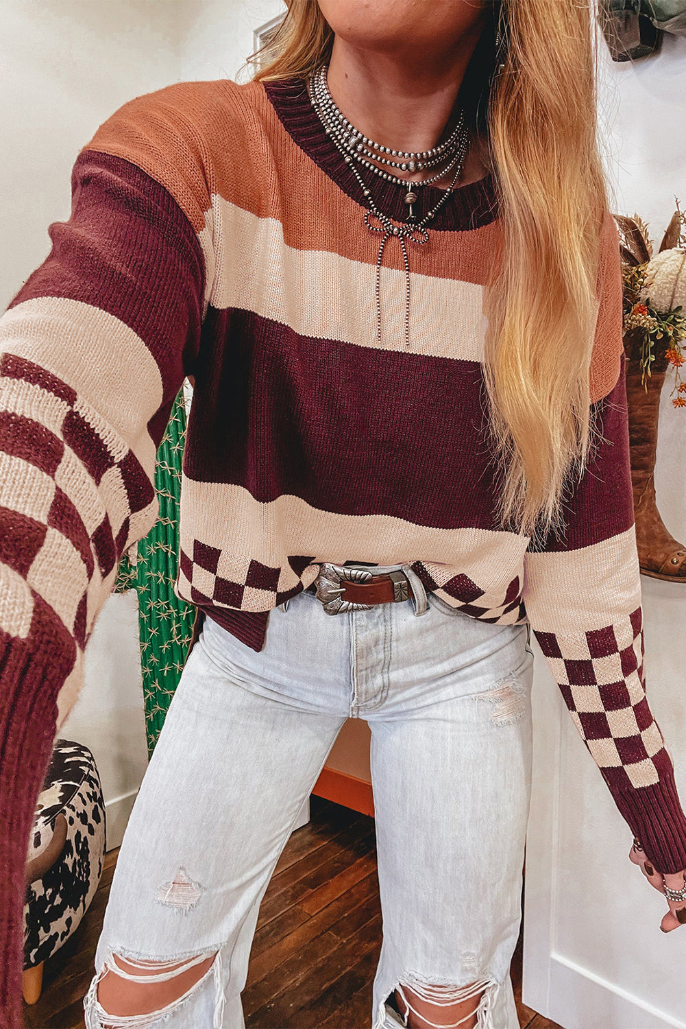 Brown Checkered Colorblock Knitted Drop Shoulder Sweater 85b6009475a9a673