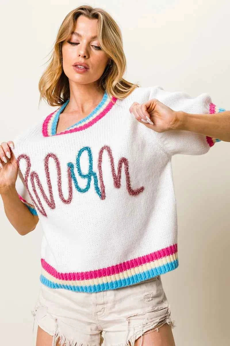 BiBi Metallic Letter Short Puff Sleeve Sweater 85bb75d9cbba4818890d1a290d809374-Max-Origin