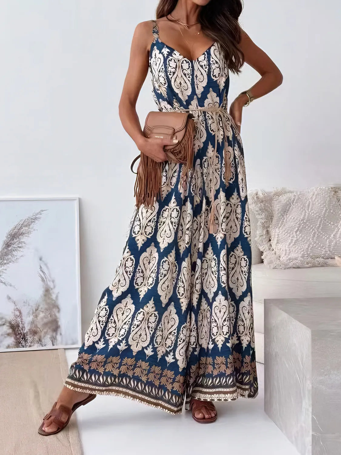 Printed V-Neck Wide Leg Jumpsuit Tan 85c16546-c8bf-450b-8d11-4f75f5f7cd8f-Max-Origin