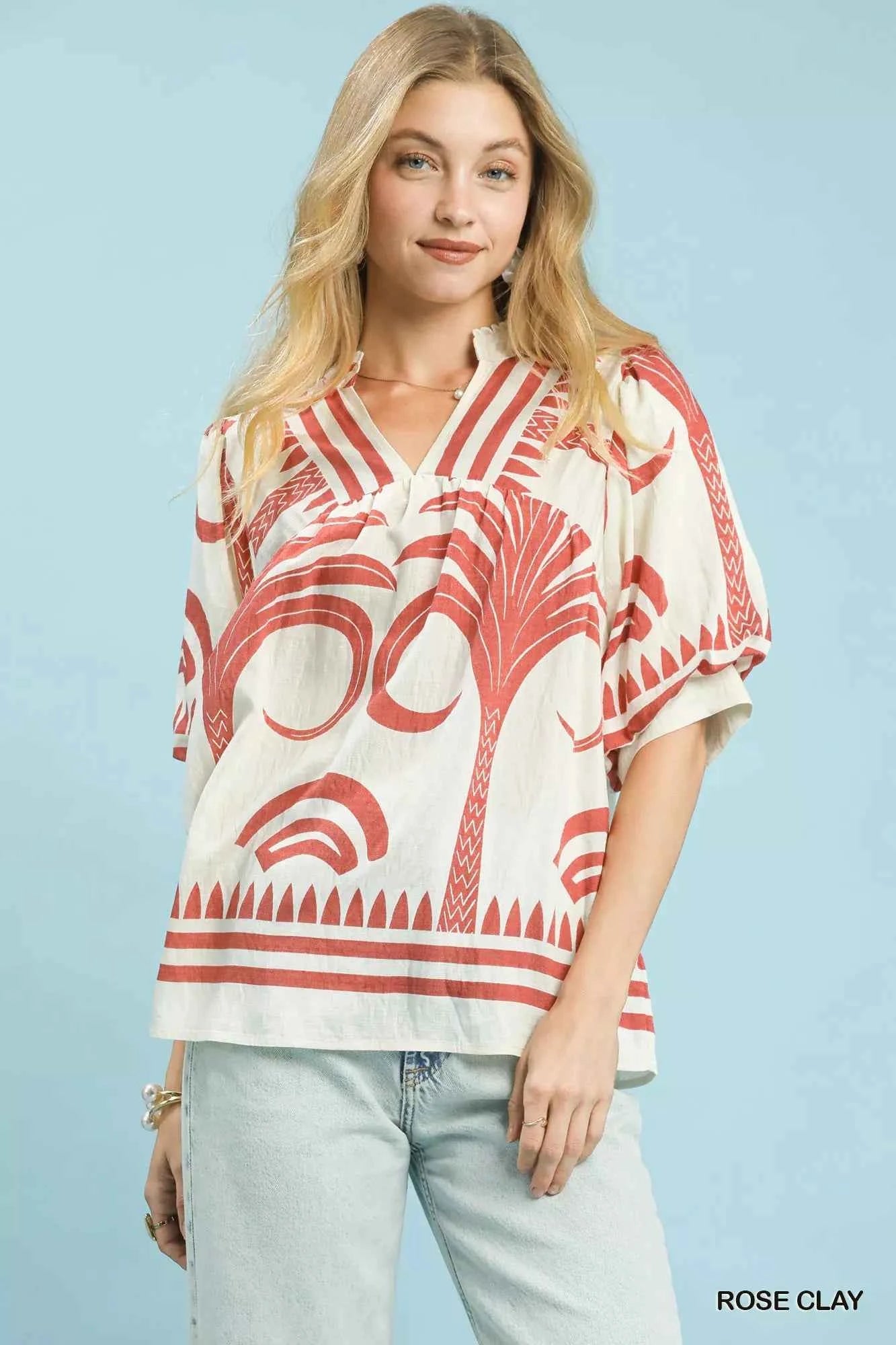 Umgee Folk Art Palm Print Puff Sleeve Blouse ROSE CLAY 85c247c3-ffce-42a1-963e-2afb07c6d902-Max-Origin