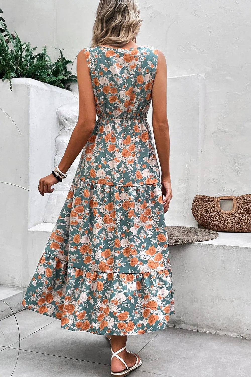 Floral Print Trimmed V Neck Tie Waist Sleeveless Dress 85ceb639-bfc4-4767-a026-0b0336e0a8d2-Max-Origin
